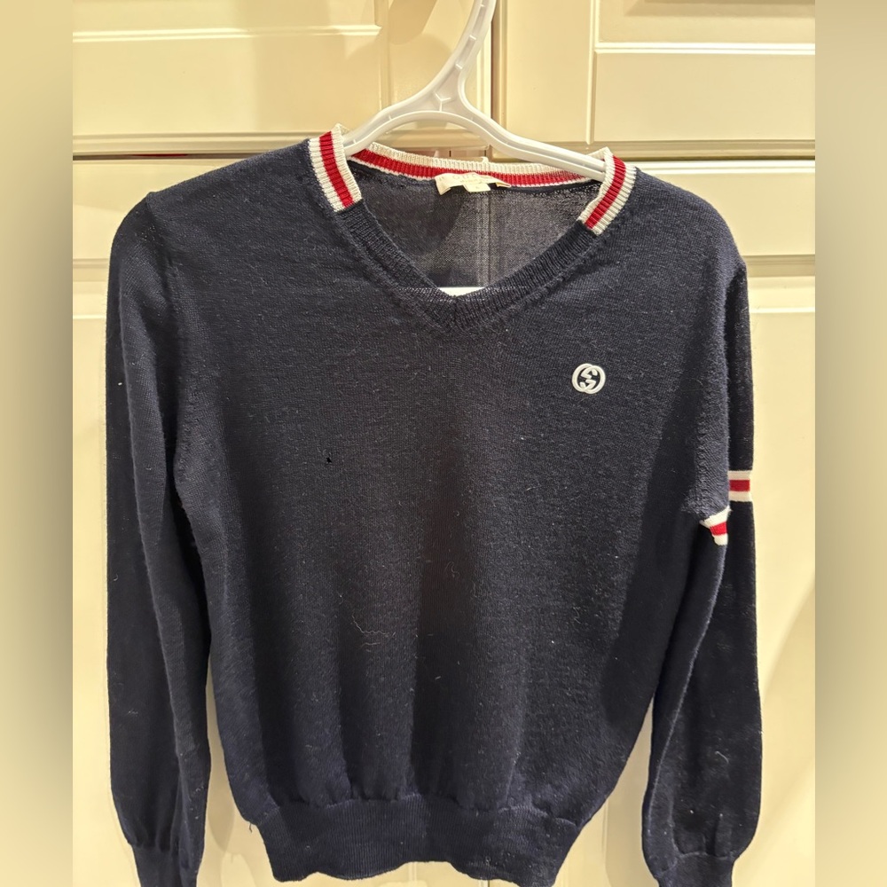 Gucci Navy V-Neck Sweater with Red and White Trim